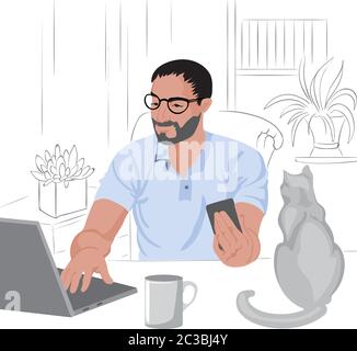 Uomo caucasico con barba e capelli scuri che lavora da casa su un computer portatile. Effettuare una chiamata. Gatto e caffè sul tavolo. Vettore Illustrazione Vettoriale