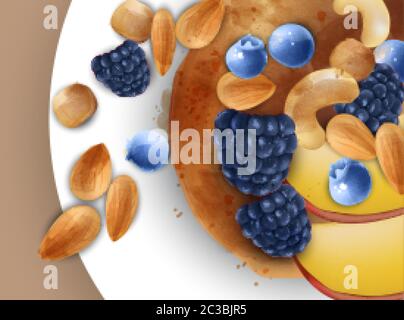 Frittelle con frutti di bosco e frutta secca Vector. Gustosa e sana colazione Illustrazione Vettoriale