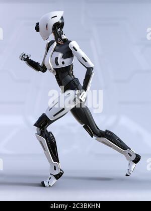 3D rendering di un robot androide femmina in esecuzione. Futuristico concetto ia. Foto Stock