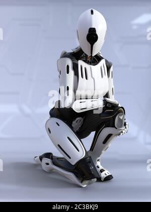 3D rendering di un robot androide femmina seduto accovacciato. Futuristico concetto ia. Foto Stock