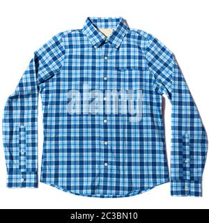 Controllare blu button down shirt casual su sfondo bianco Foto Stock