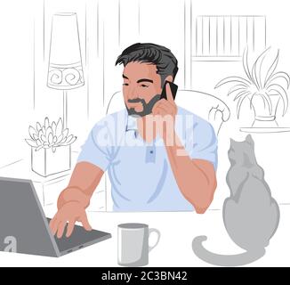 Uomo caucasico con barba e capelli scuri che lavora da casa su un computer portatile. Effettuare una chiamata. Gatto e caffè sul tavolo. Vettore Illustrazione Vettoriale