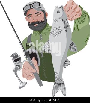 Felice pescatore bearded che tiene la sua canna da pesca e un pesce. Indossa un pullover verde. Vettore Illustrazione Vettoriale