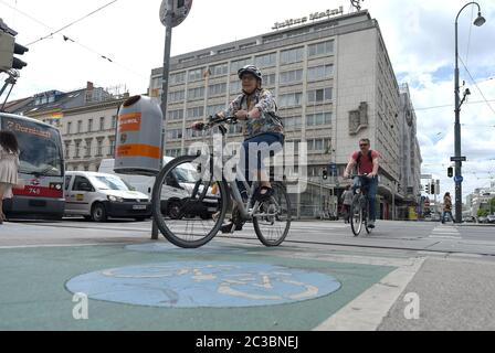 Vienna, Austria. 19 giugno 2020. I ciclisti si trovano in una strada di Vienna, Austria, il 19 giugno 2020. Sempre più cittadini di Vienna scelgono di spostarsi in bicicletta durante la pandemia COVID-19, con un numero totale di ciclisti in aumento del 45% nel maggio 2020 rispetto allo stesso periodo del 2019, secondo i dati forniti dal Club dei Trasporti austriaco. Credit: Guo Chen/Xinhua/Alamy Live News Foto Stock