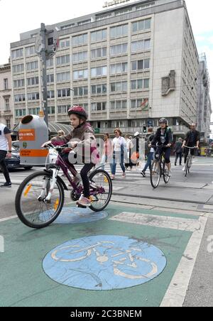 Vienna, Austria. 19 giugno 2020. I ciclisti si trovano in una strada di Vienna, Austria, il 19 giugno 2020. Sempre più cittadini di Vienna scelgono di spostarsi in bicicletta durante la pandemia COVID-19, con un numero totale di ciclisti in aumento del 45% nel maggio 2020 rispetto allo stesso periodo del 2019, secondo i dati forniti dal Club dei Trasporti austriaco. Credit: Guo Chen/Xinhua/Alamy Live News Foto Stock