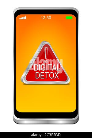 Smartphone con detox digitale rosso su display arancione - segnale social media - illustrazione 3D Foto Stock