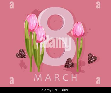 8 marzo biglietto d'auguri con fiori di tulipano rosa e cuori. Sfondo rosa colorato. Vettore Illustrazione Vettoriale
