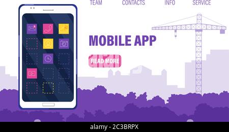 Modello di sito dell'app mobile con smartphone pieno di icone. Futuro del lavoro. Cantiere con gru sullo sfondo. Vettore Illustrazione Vettoriale