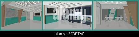 Concetto di design interno bancario con colori verdi. Sedie per l'attesa. Gruppo vettoriale Illustrazione Vettoriale
