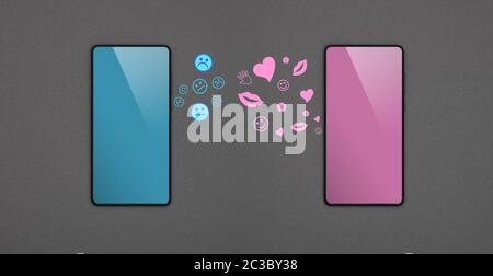 Close up due smartphone con schermi vuoti, blu e rosa e messaggi di comunicazione su carta grigio Sfondo, piana, laici direttamente sopra Foto Stock