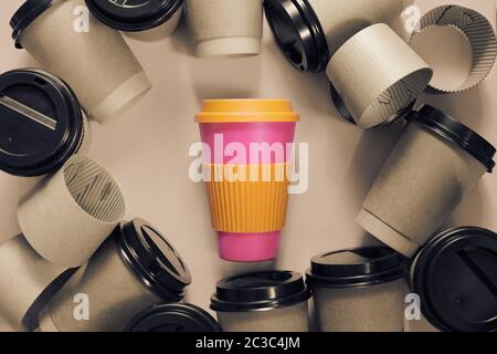 Zero Waste Concept elegante tazza da caffè eco riutilizzabile e più tazze di cartone monouso. Vietare la plastica monouso. Stile di vita sostenibile layout piatto Foto Stock