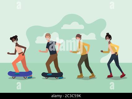 Persone con maschere su skateboard e pattini a rotelle con disegno nuvole di cure mediche e covid 19 tema virus illustrazione vettoriale Illustrazione Vettoriale