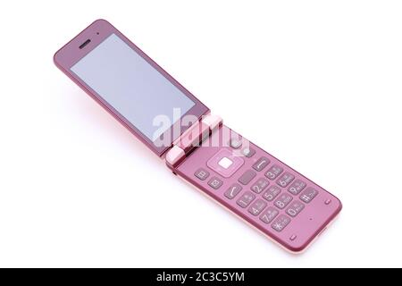 Japanese Mobile phone on white background, Garake. Japanese word of this photography 'Japanese cursive characters' Stock Photo