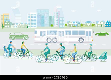 Paesaggio con i ciclisti e il traffico stradale Foto Stock