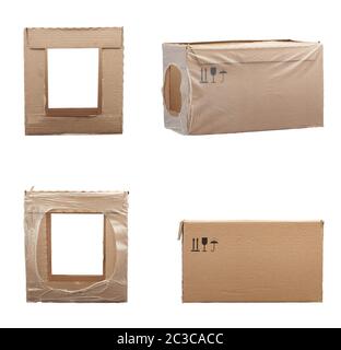 set di scatole rettangolari in cartone marrone isolate su fondo bianco, scatola per il trasporto di bottiglie, vista laterale e da diverse angolazioni Foto Stock