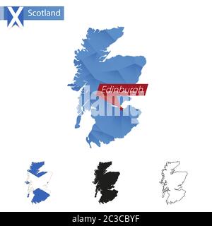 Mappa blu Scotland Low Poly con capitale Edimburgo, versioni con bandiera, nero e contorno. Illustrazione vettoriale. Illustrazione Vettoriale