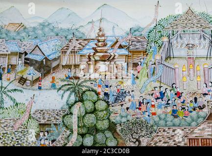 CHIANG mai, THAILANDIA - 27 OTTOBRE 2014 : pittura murale di Lanna tailandese del festival Buddisti sulla parete del tempio di Wat Chaimongkol Tempio a Chiang mai, Thailan Foto Stock