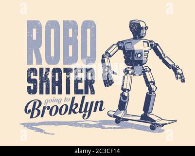 Robot skater ride a skateboard - poster pop art vintage in stile timbro Illustrazione Vettoriale