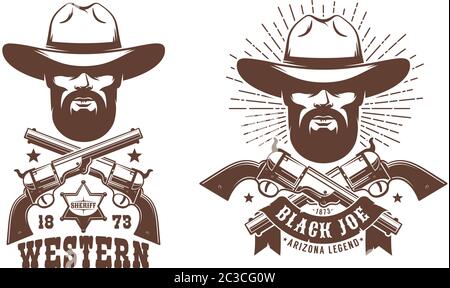 Cowboy ha sopportato in cappello con il logo retrò delle pistole incrociate Illustrazione Vettoriale