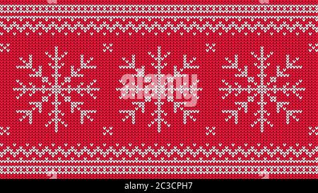 Motivo lavorato a maglia con fiocco di neve bianco e bordo ornamentale su sfondo rosso. Illustrazione Vettoriale