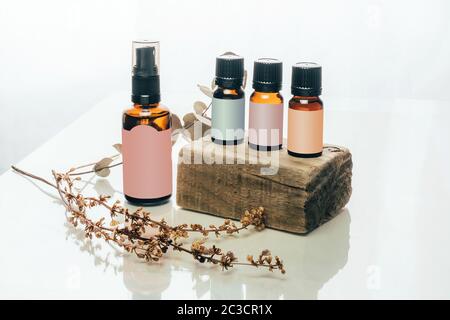 Bottiglie di diversi oli essenziali su un blocco di legno con erbe secche su sfondo bianco. Foto Stock