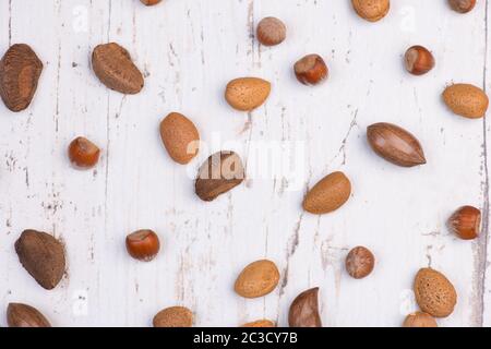 Mix di noci su uno sfondo bianco traballante, spazio vuoto per la copia Foto Stock