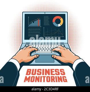 Le mani di un uomo d'affari con un laptop track prestazioni finanziarie sullo schermo Illustrazione Vettoriale