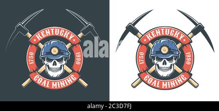 Cranio minatore con cappello e picconi incrociati - estrazione retrò logo Illustrazione Vettoriale
