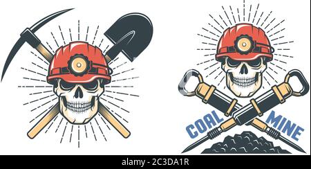 Minatore di cranio in hardhat con piccone e pala Illustrazione Vettoriale