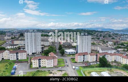 Vista aerea del drone di Broomhill sviluppo di alloggi Greenock Inverclyde Foto Stock