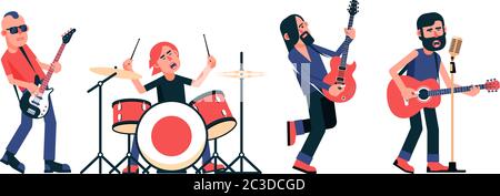 Musicisti rock band con strumenti in diverse posizioni Illustrazione Vettoriale