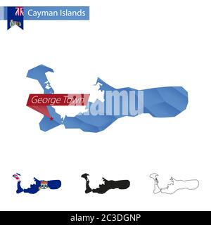 Cayman Islands Blue Low Poly mappa con la capitale George Town, versioni con bandiera, nero e profilo. Illustrazione vettoriale. Illustrazione Vettoriale