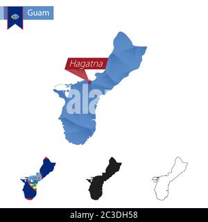 Mappa blu Guam basso Poly con capitale Hagatna, versioni con bandiera, nero e profilo. Illustrazione vettoriale. Illustrazione Vettoriale