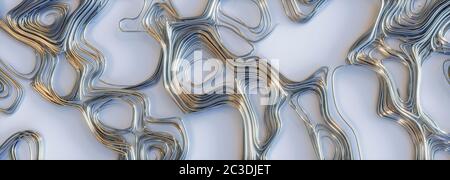rendering 3d di un filo metallico astratto e riflettente su sfondo bianco, panoramico Foto Stock