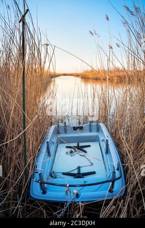 Barca in luogo segreto sul lago Neusiedlersee in Burgenland Foto Stock