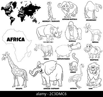 Illustrazione educativa della pagina del libro a colori degli animali africani Foto Stock