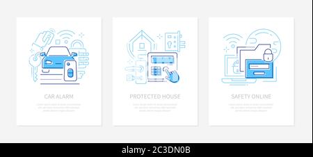 Protezione e sicurezza - Set di striscioni in stile design di linea Illustrazione Vettoriale