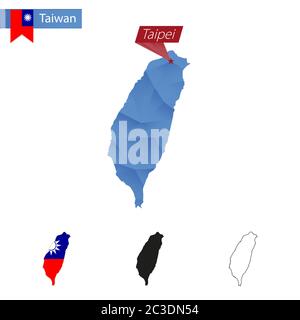 Mappa blu taiwanese Low Poly con la capitale Taipei, versioni con bandiera, nero e contorno. Illustrazione vettoriale. Illustrazione Vettoriale