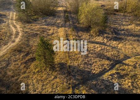 Fotografia drone di vecchia ferrovia arrugginita da piante durante il giorno d'estate. Foto Stock