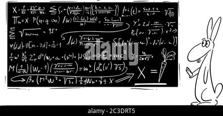 Disegno grafico vettoriale di cartoni animati illustrazione concettuale di coniglio, jackconiglio o lepre risolvendo equazioni matematiche complesse su cartiera nera con carota come risultato. Concetto di educazione e scienza. Illustrazione Vettoriale