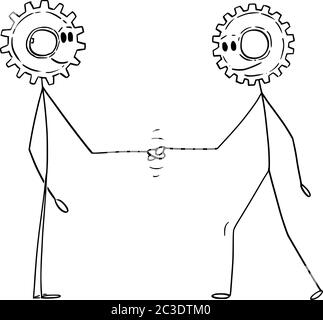 Figura del cartoon vettoriale disegno illustrazione concettuale di due uomini o uomini d'affari con teste di ruota dentata che scuotono la mano. Cooperazione commerciale o concetto di contratto. Illustrazione Vettoriale