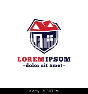 Modello di disegno immobiliare. Design con logo della casa. Vettore e illustrazione. Illustrazione Vettoriale