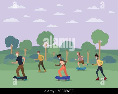 Persone con maschere su skateboards al disegno parco di cure mediche e covid 19 virus tema illustrazione vettoriale Illustrazione Vettoriale