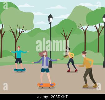 Persone con maschere su skateboards al disegno parco di cure mediche e covid 19 virus tema illustrazione vettoriale Illustrazione Vettoriale