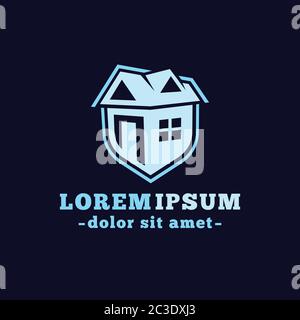 Modello di disegno immobiliare. Design con logo della casa. Vettore e illustrazione. Illustrazione Vettoriale