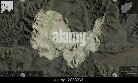 Kabul, provincia dell'Afghanistan. Immagini satellitari. Forma presentata contro la sua area di paese con overlay informativi. Rendering 3D Foto Stock