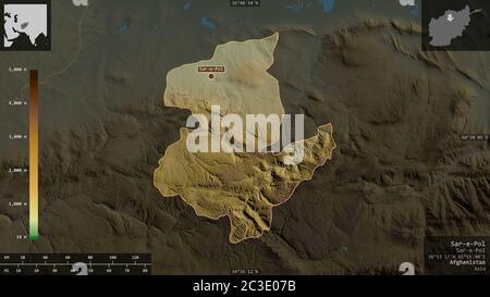 Sar-e-Pol, provincia dell'Afghanistan. Dati di shader colorati con laghi e fiumi. Forma presentata contro la sua area di paese con overlay informativi. 3D Foto Stock