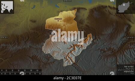 Sar-e-Pol, provincia dell'Afghanistan. Rilievo colorato con laghi e fiumi. Forma presentata contro la sua area di paese con overlay informativi. rendering 3D Foto Stock