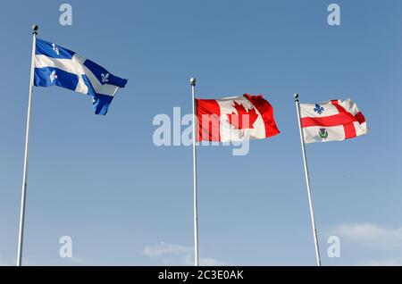 Il Quebec fleur de lys, Canada acero foglia e città di Montreal bandiere che ondolano nel vento Foto Stock