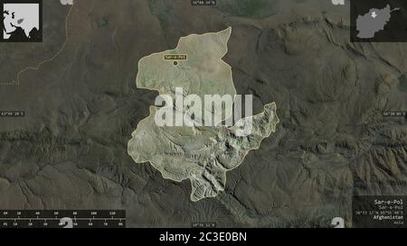 Sar-e-Pol, provincia dell'Afghanistan. Immagini satellitari. Forma presentata contro la sua area di paese con overlay informativi. Rendering 3D Foto Stock